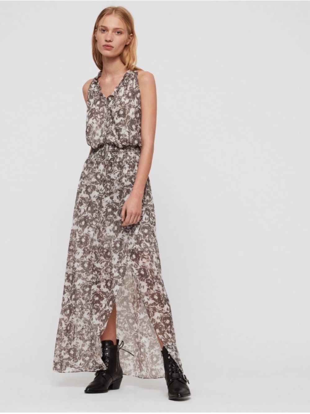 All Saints Nylah Rosa Sleeveless Floral Maxi Dress in Gray and White - Picture 1 of 16